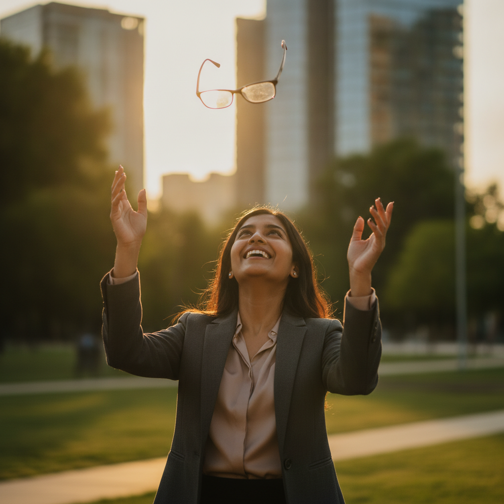 Young professional celebrating freedom from glasses after VOZ & SAFE LASIK at DLEI Pune
